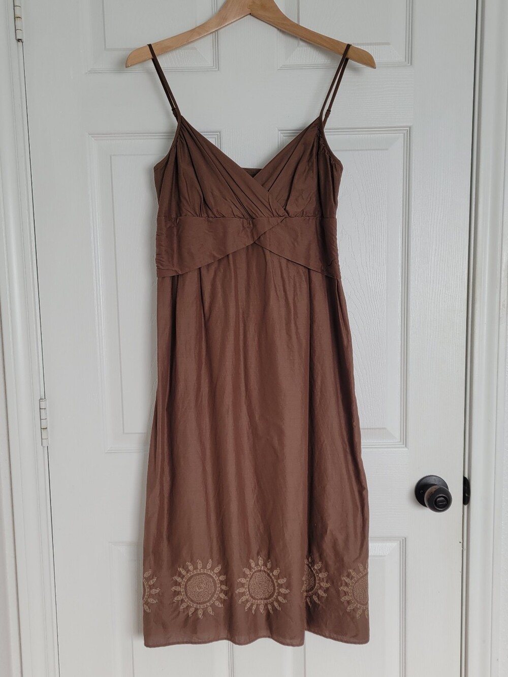 LOFT Brown Embroidered 100% Cotton Spaghetti-Strap Sun Dress